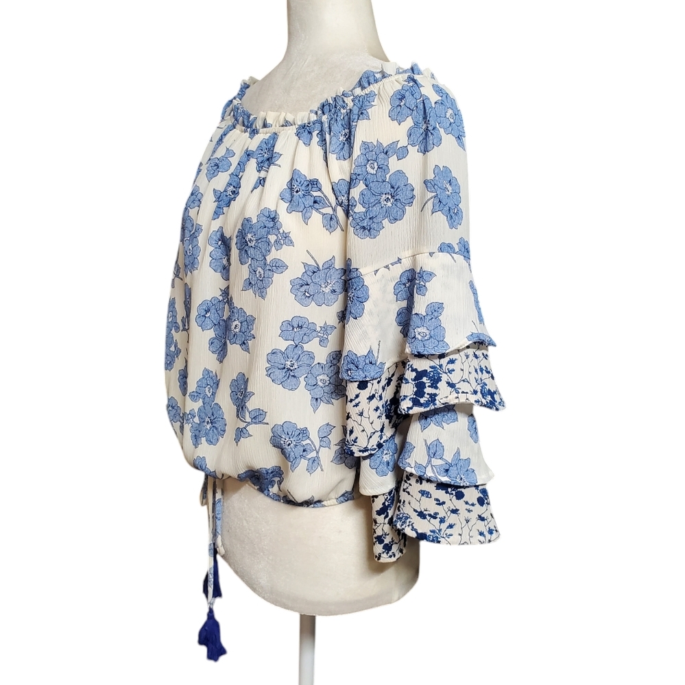 Vintage Havana Women's Size Small Blouse Blue Floral Tie Front Tiered Sleeve - Picture 2 of 12
